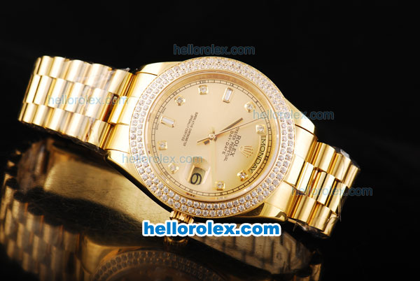 Rolex Day-Date II Automatic Movement Full Gold with Double Row Diamond Bezel-Gold Dial and Diamond Markers - Click Image to Close